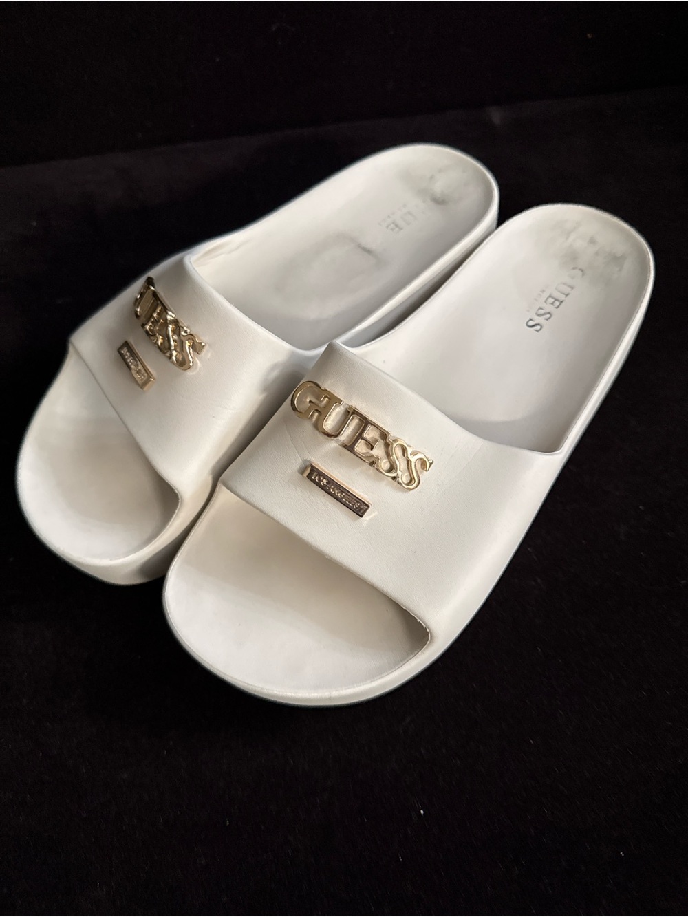 GUESS White Slide Sandals with Gold Logo Accent